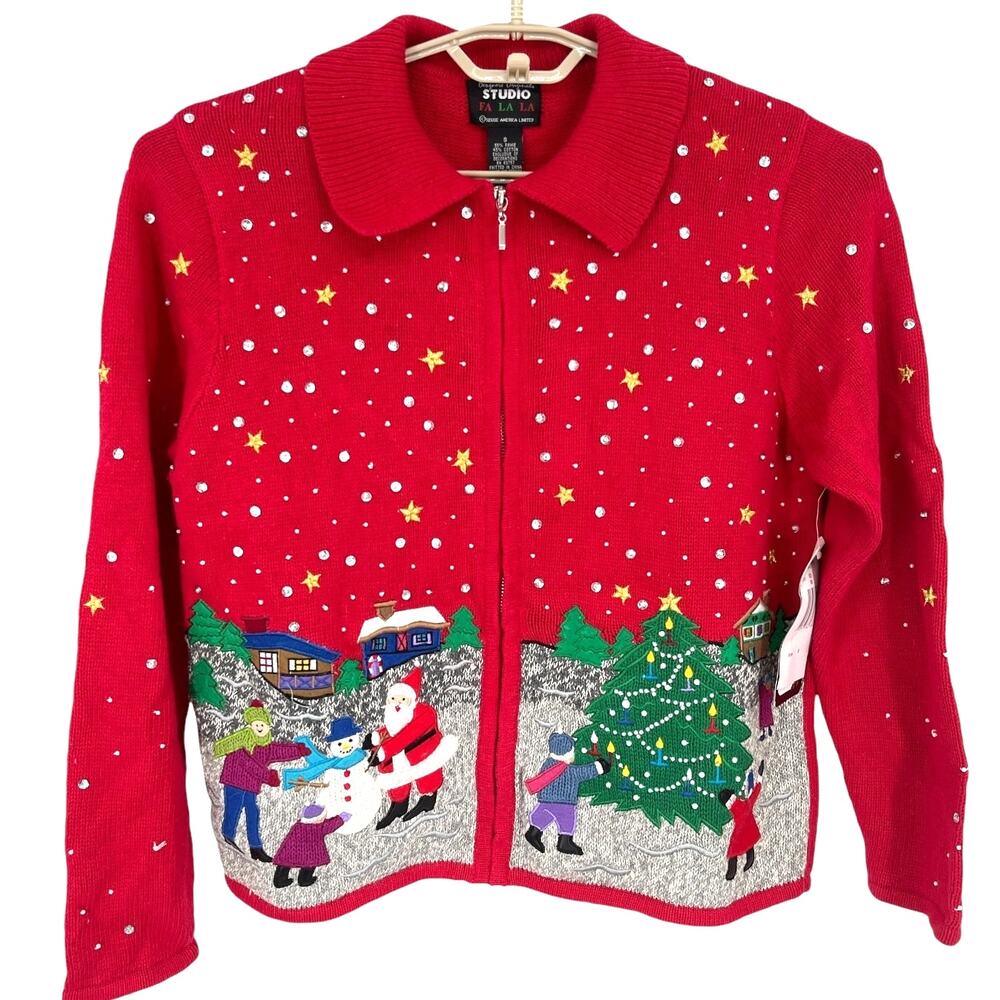 Design Studio Vintage Christmas Sweater Tree Santa Snowman Embroider S NWT